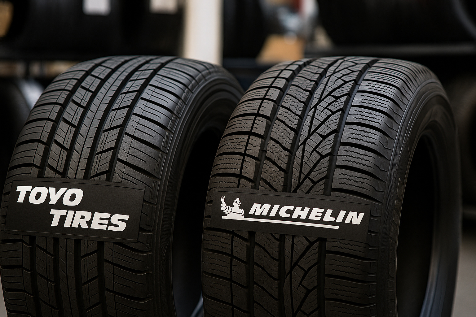 Pneus Toyo Tires e Michelin lado a lado, destacando durabilidade, resistência e desempenho em comparação automotiva de 2024.