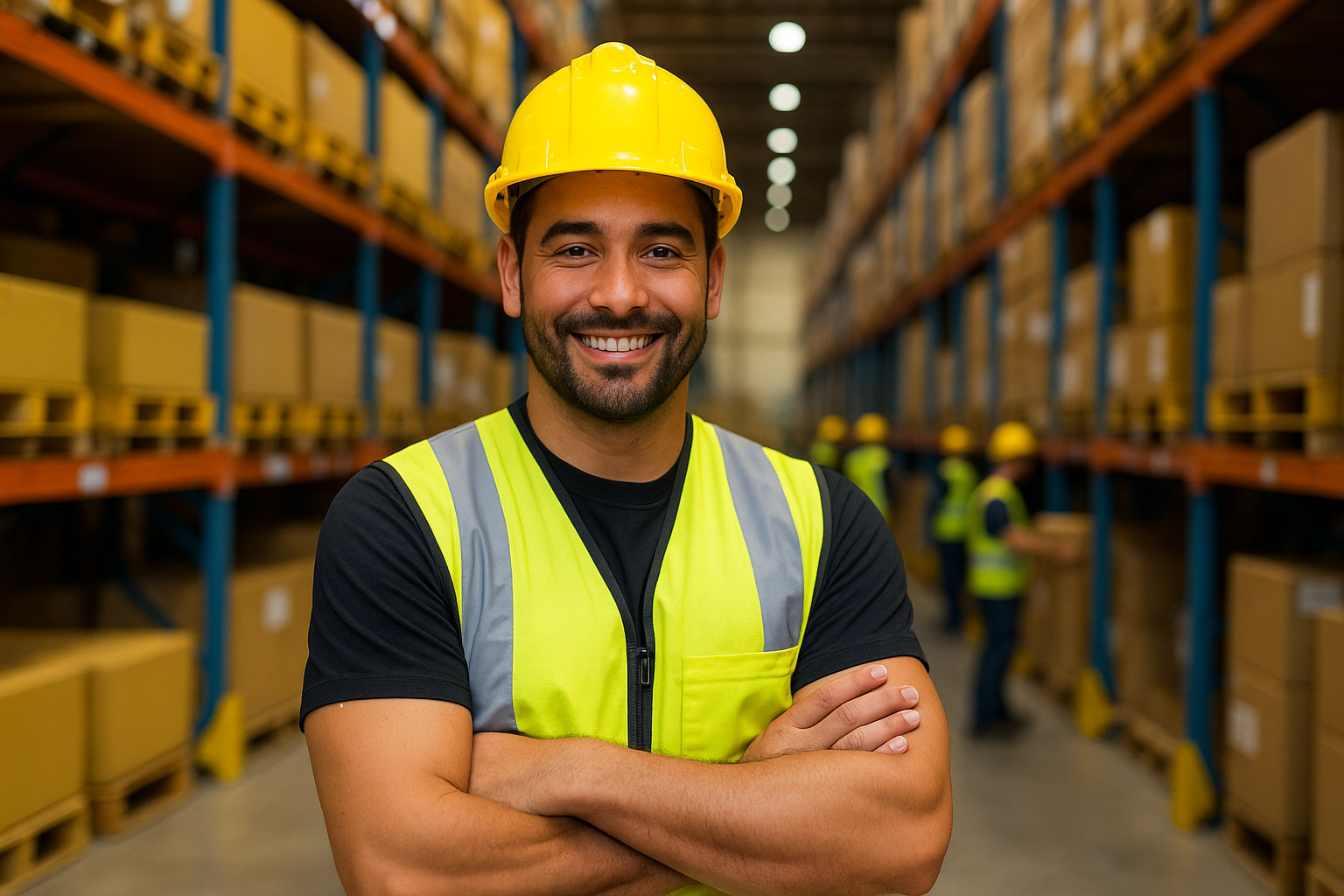 Trabalhador sorridente com colete refletivo em centro logístico do Mercado Livre, cercado por caixas empilhadas e colegas uniformizados organizando produtos em prateleiras.