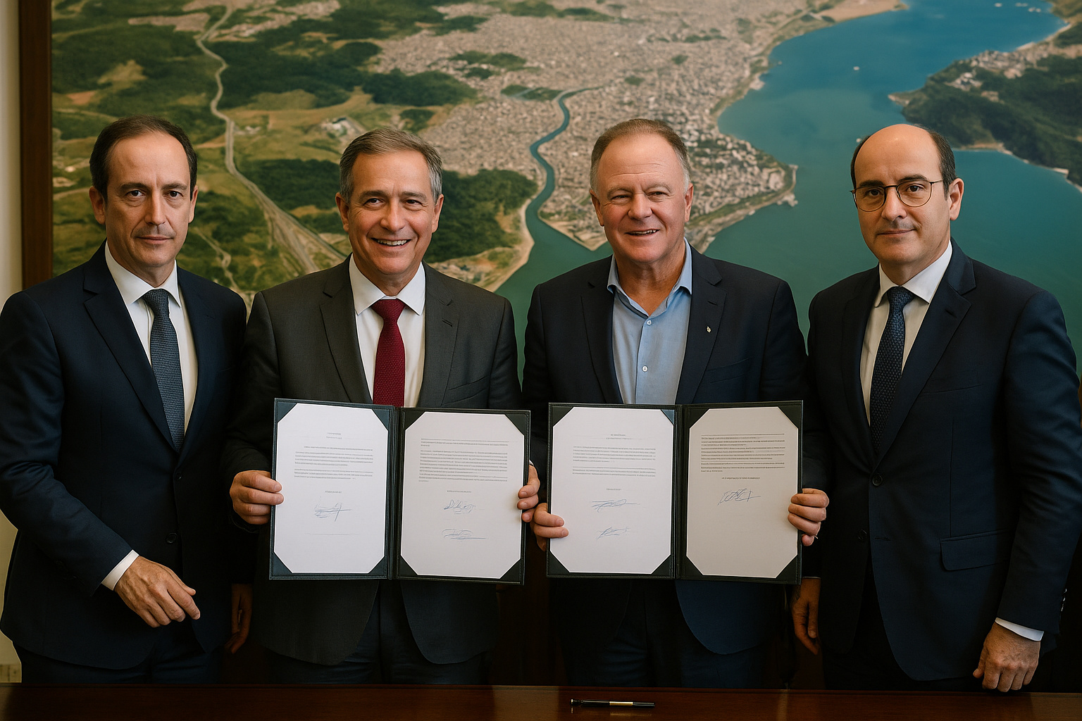 Autoridades do Espírito Santo e executivos espanhóis da GS Inima e Acciona assinam contratos bilionários de saneamento no Palácio Anchieta, em Vitória.