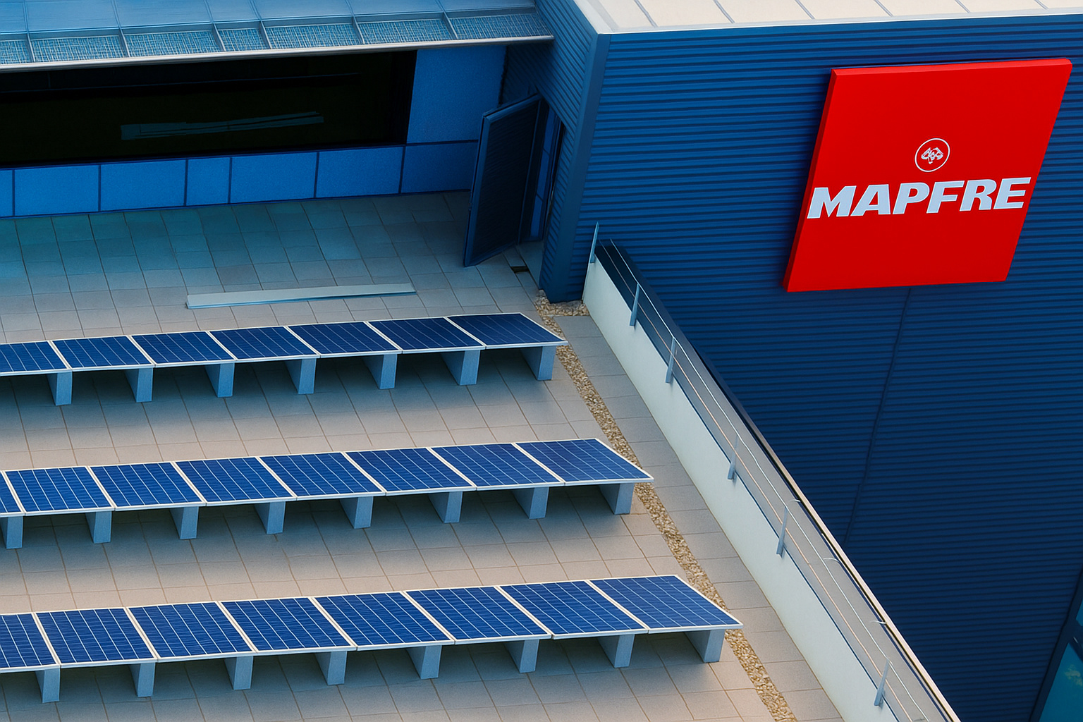 Painéis solares instalados em prédio corporativo da Mapfre sob luz solar intensa do meio-dia.