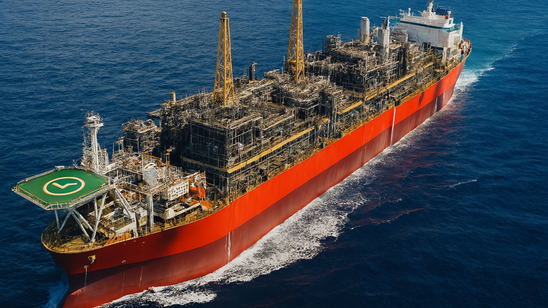 Aeronave captura vista aérea de um FPSO navegando em mar aberto, com estruturas industriais complexas e cores vibrantes contrastando com o azul profundo do oceano.