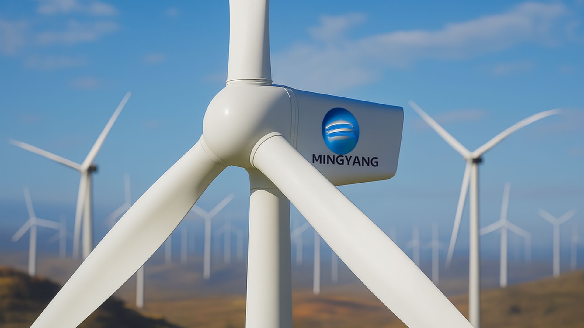 Turbina eólica da Mingyang Smart Energy em destaque, com logotipo visível na nacela, ao fundo uma fazenda eólica em colinas sob céu azul com nuvens suaves.