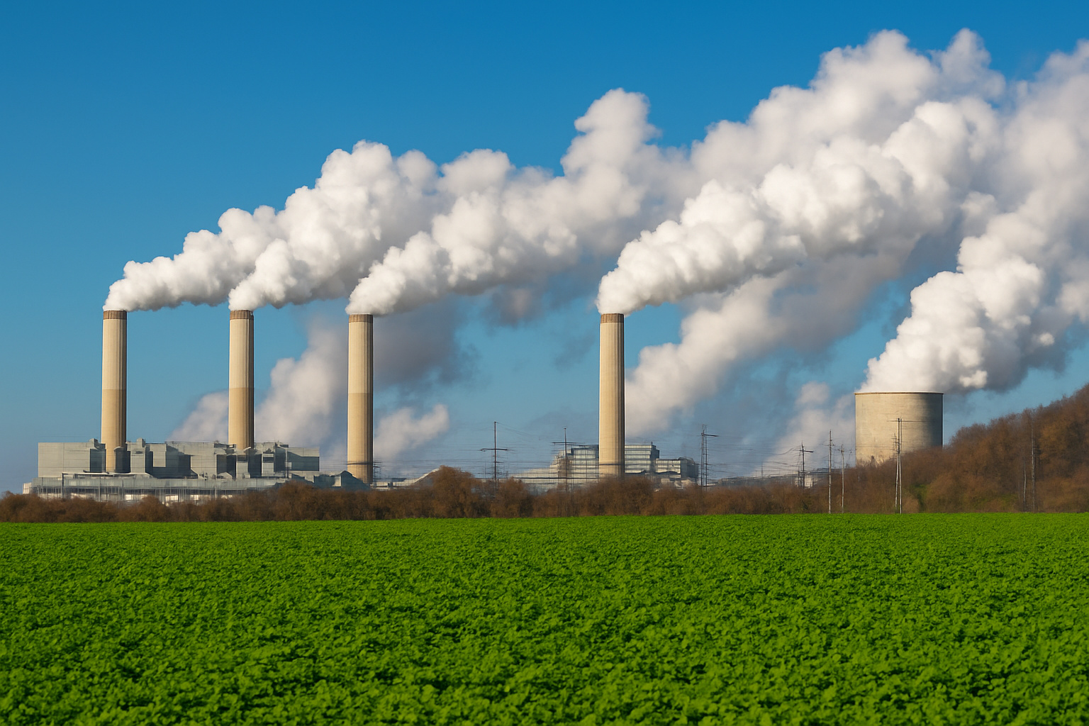 Usina industrial liberando fumaça branca sob um céu azul claro, com campo verde em primeiro plano.