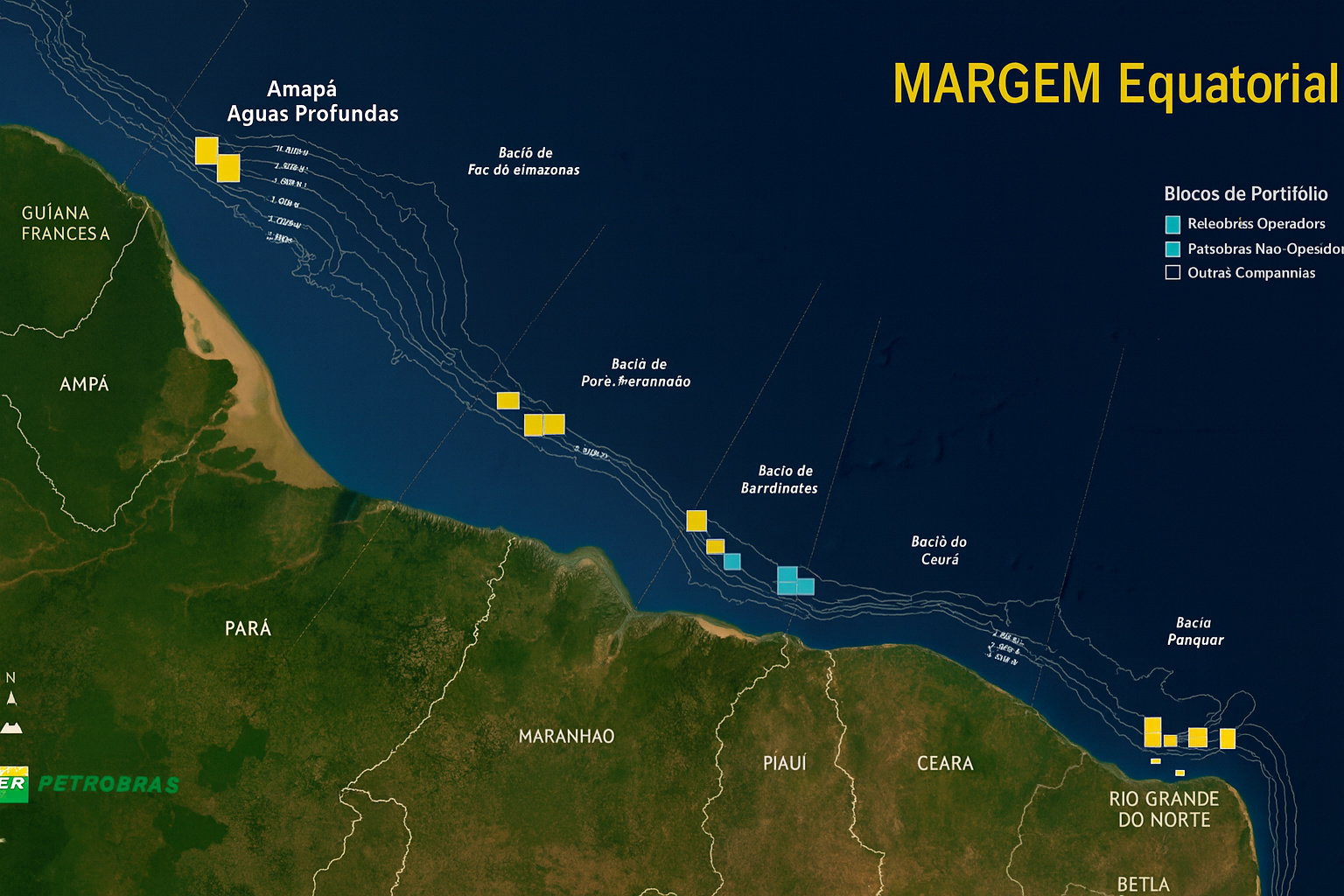Mapa detalhado da Margem Equatorial mostrando as bacias sedimentares e blocos exploratórios da Petrobras entre o Amapá e o Rio Grande do Norte, com destaque para áreas offshore.