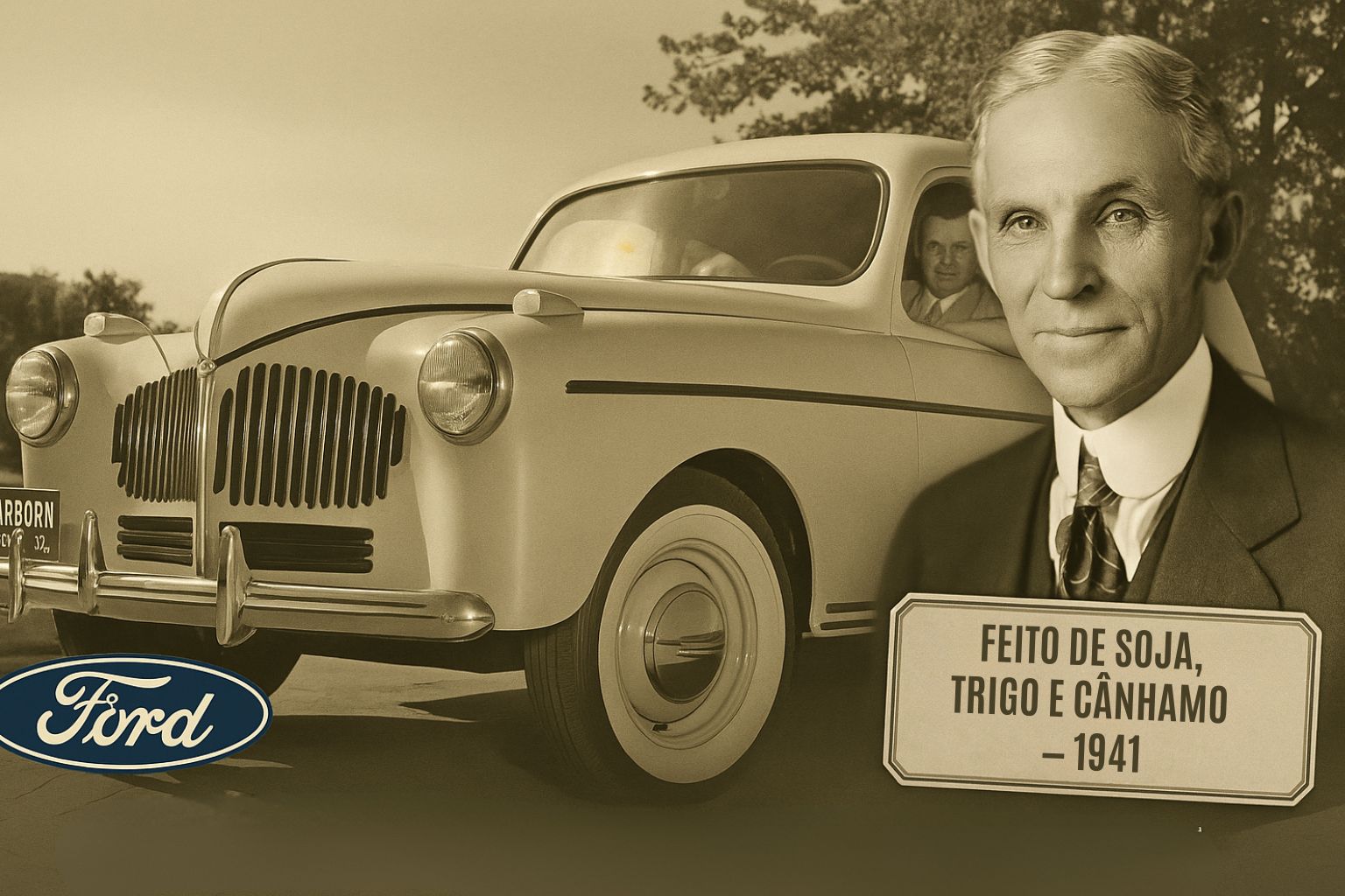 O carro de soja que Henry Ford criou em 1941 - feito com plástico vegetal de soja, trigo e cânhamo, o protótipo leve e resistente nasceu como resposta à escassez de aço durante a guerra