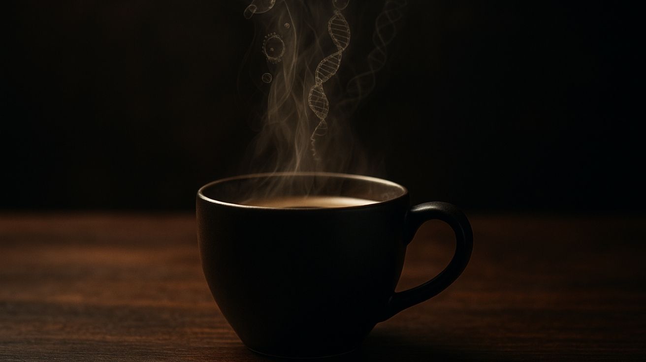 Xícara de café preta soltando vapor em espiral, onde formas sutis de DNA e estruturas celulares aparecem, sugerindo os efeitos ocultos da cafeína nas células.