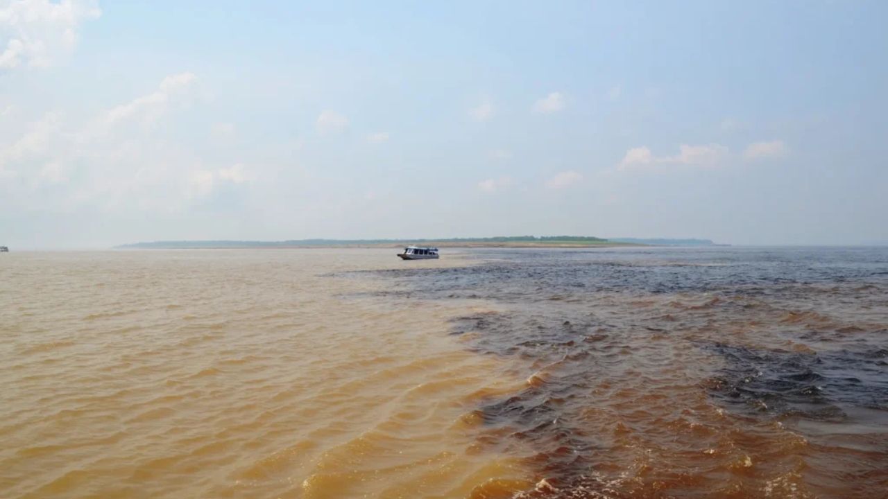 O rio de duas cores no Brasil onde águas negras e barrentas correm lado a lado por quilômetros sem se misturar, criando uma fronteira líquida na imensidão da Amazônia (1)