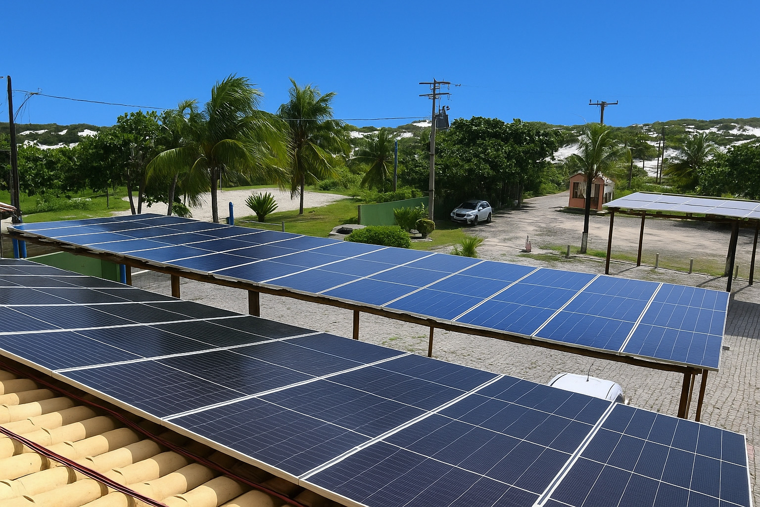 Painéis solares instalados sobre coberturas em um ambiente ensolarado.
