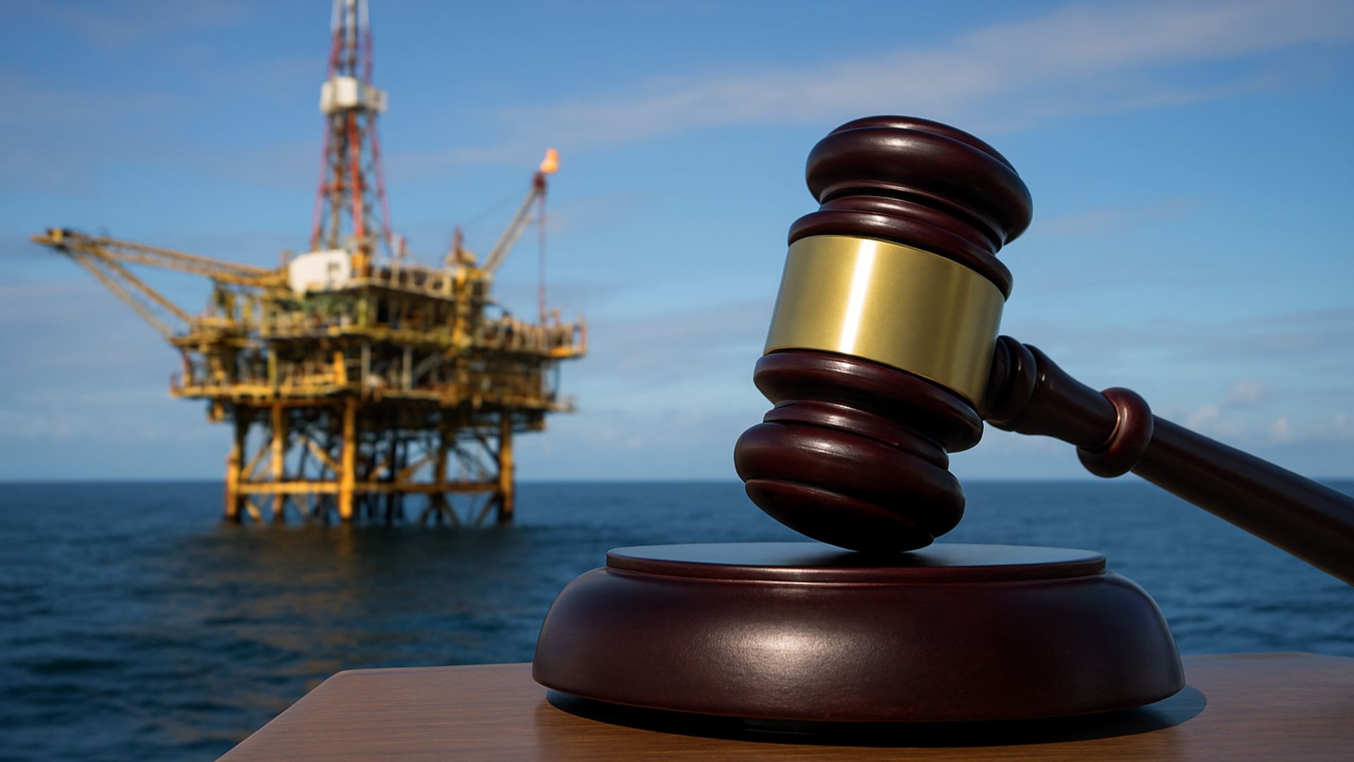 Malhete da Justiça Federal em primeiro plano com plataforma de petróleo desfocada ao fundo na bacia da Foz do Amazonas.