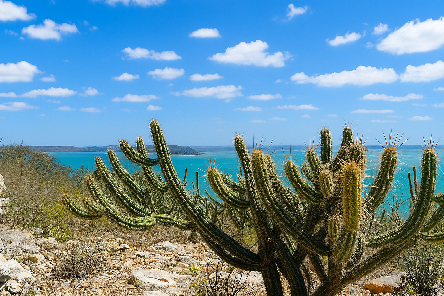 Paisagem do semiárido brasileiro ao meio-dia com cactos e vista para o lago ao fundo.