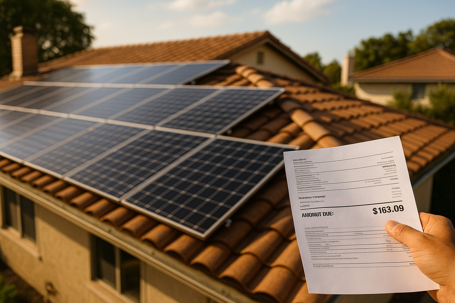 Telhado residencial com painéis solares sob luz do entardecer, simbolizando o aumento de custos na conta de energia após o corte de subsídios em 2026.