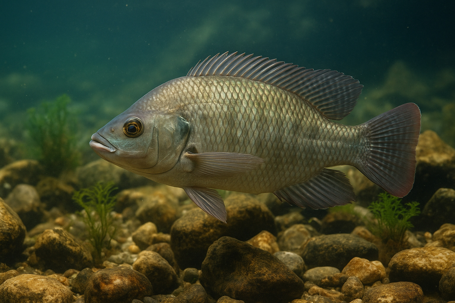 Tilápia-do-Nilo nadando em ambiente natural semelhante ao canal 4 de Santos, representando a proliferação da espécie africana nas águas brasileiras.