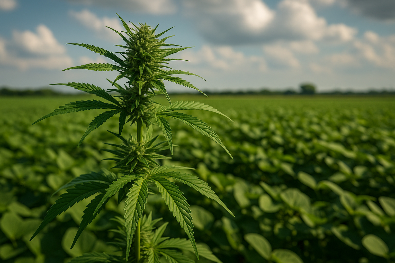 Cultivo de cânhamo industrial em campo brasileiro com planta em destaque e lavoura ao fundo sob luz natural
