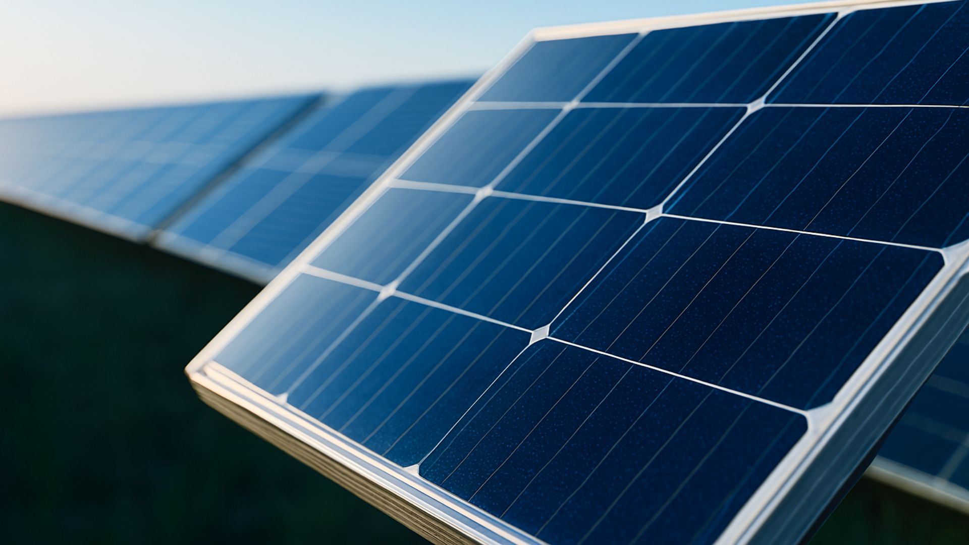 Painel solar em primeiro plano com outros desfocados ao fundo, captando luz natural em campo aberto.