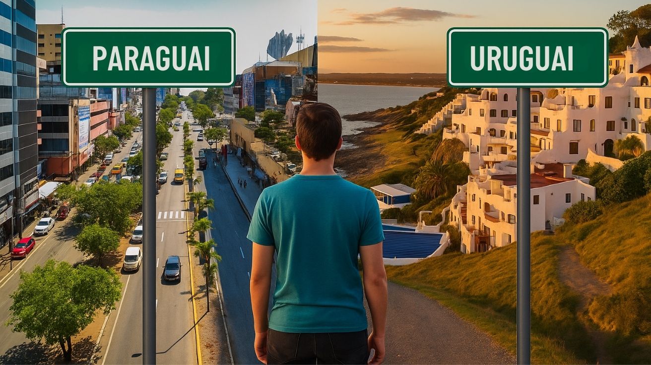 Imagem dividida mostrando à esquerda Assunção, no Paraguai, e à direita Montevidéu, no Uruguai, com um homem de costas avaliando para qual país seguir.