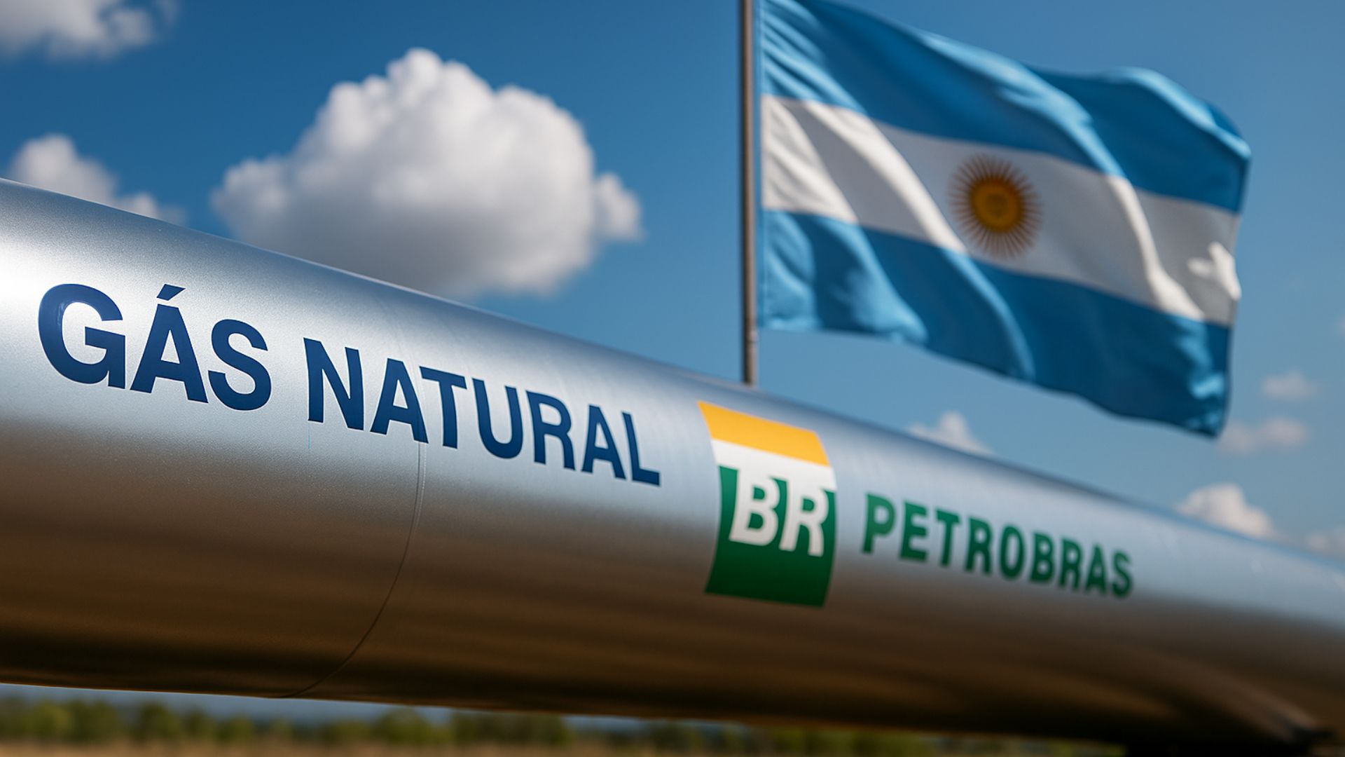 Gasoduto metálico com a inscrição "Gás Natural", logo da Petrobras e bandeira da Argentina ao fundo, sob céu azul com nuvens.