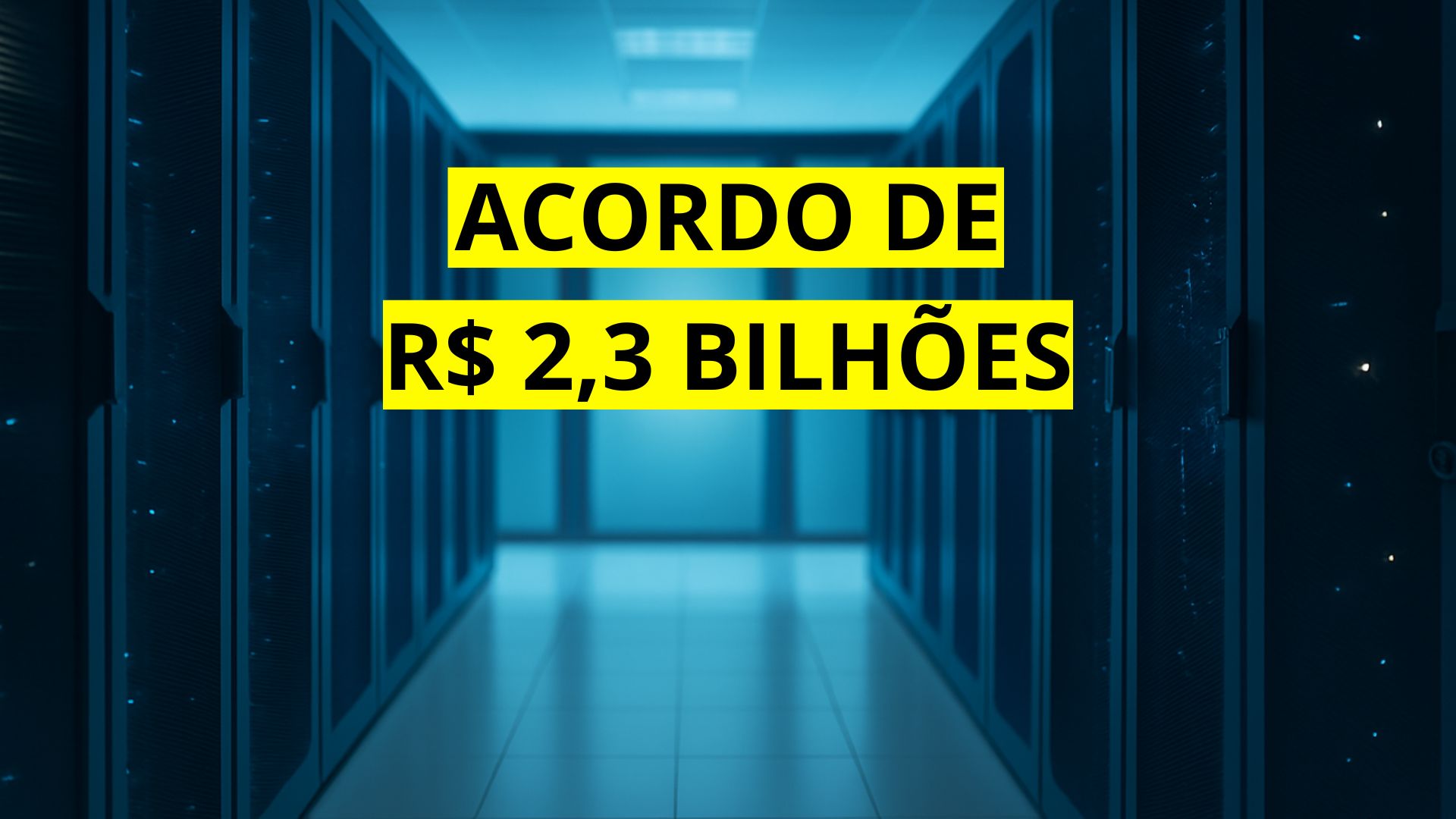 Corredor de datacenter moderno com servidores iluminados por luzes azuis, representando infraestrutura tecnológica de alto desempenho.