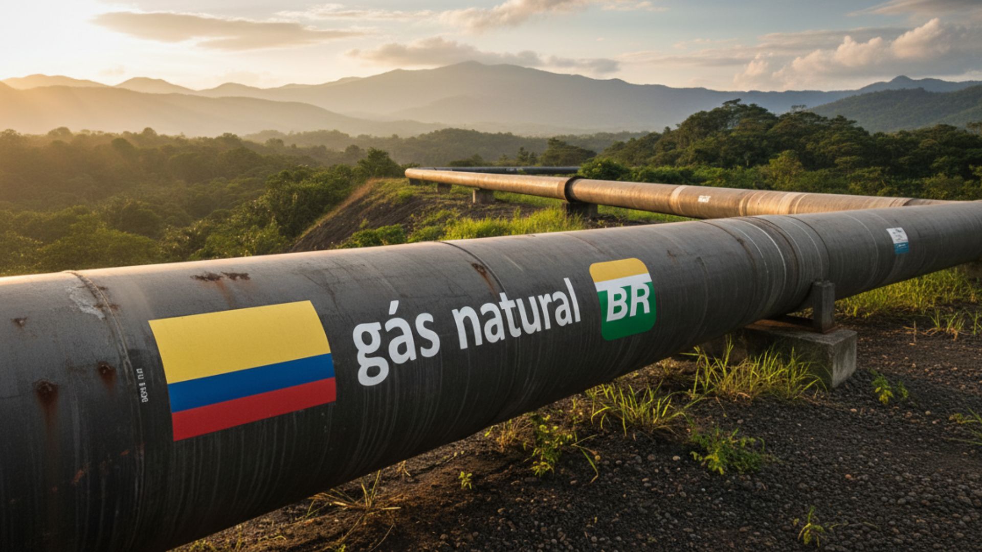 Gasoduto de gás natural entre Colômbia e Brasil atravessando paisagem verde com montanhas ao fundo, sob luz dourada do pôr do sol.