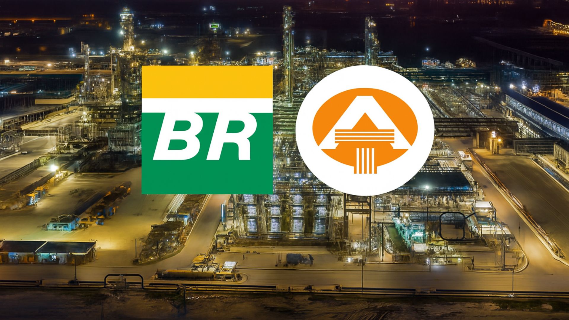 Refinaria industrial iluminada ao entardecer com os logotipos da Petrobras e de uma empresa fundada em 1922 centralizados em primeiro plano.