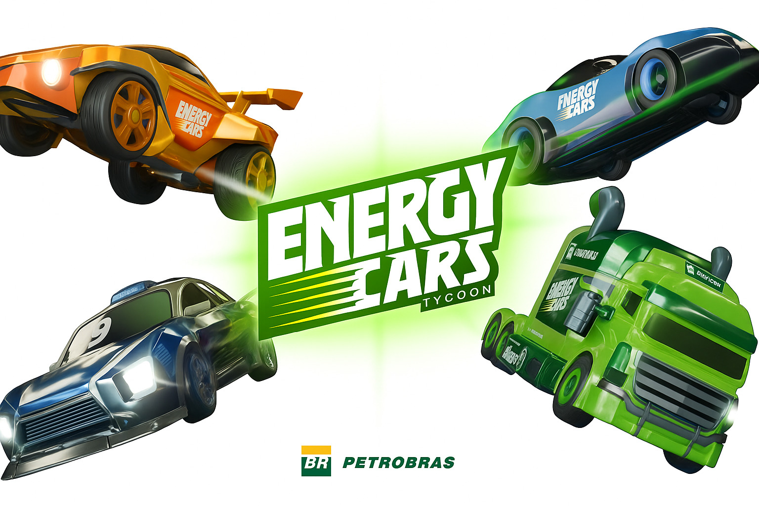 Carros estilizados de corrida e caminhão futurista com fundo branco na arte promocional "Energy Cars Tycoon".