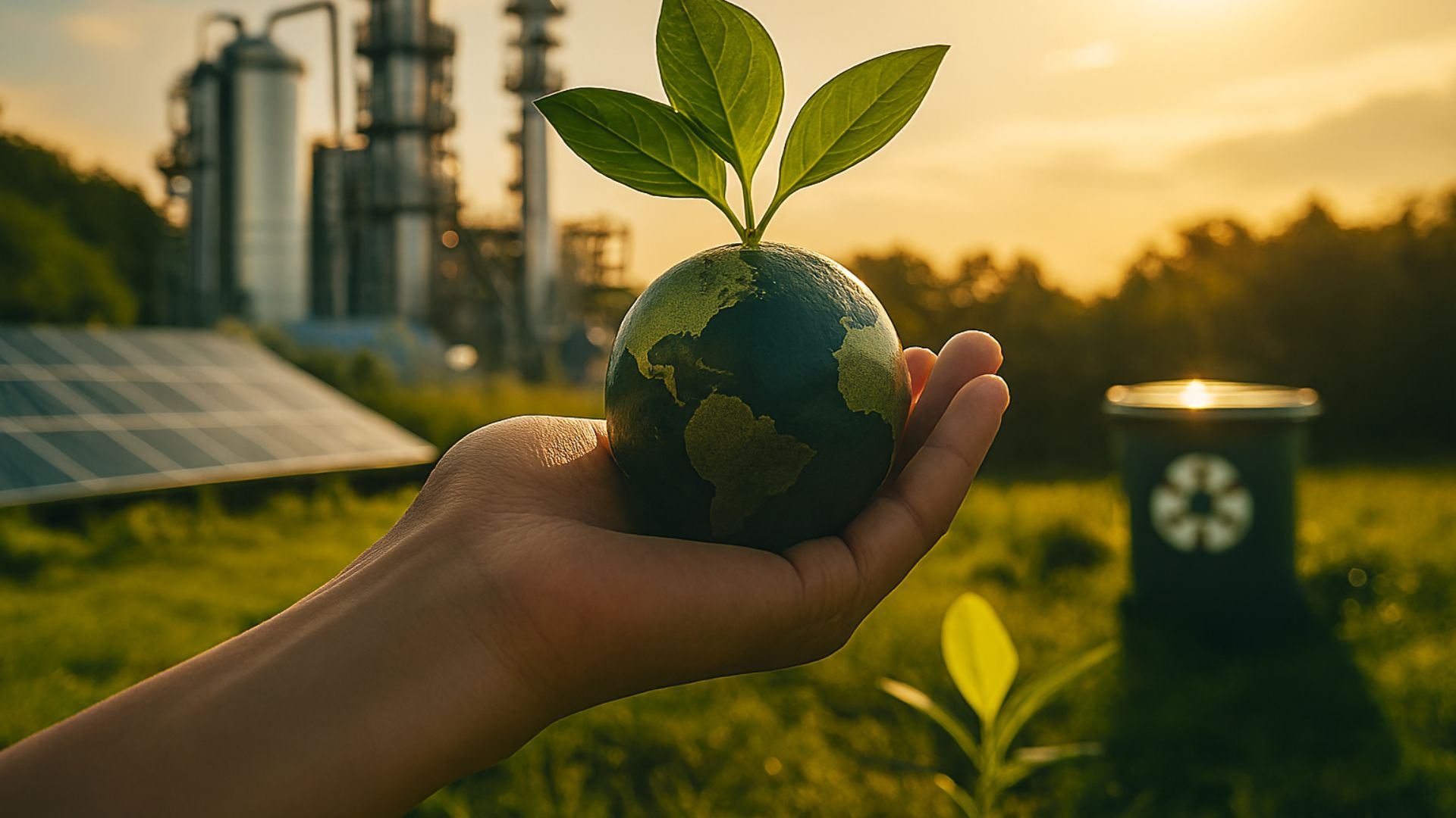 Mão segurando um globo com planta brotando, em frente a uma usina de captação de carbono cercada por vegetação sob luz suave do entardecer.