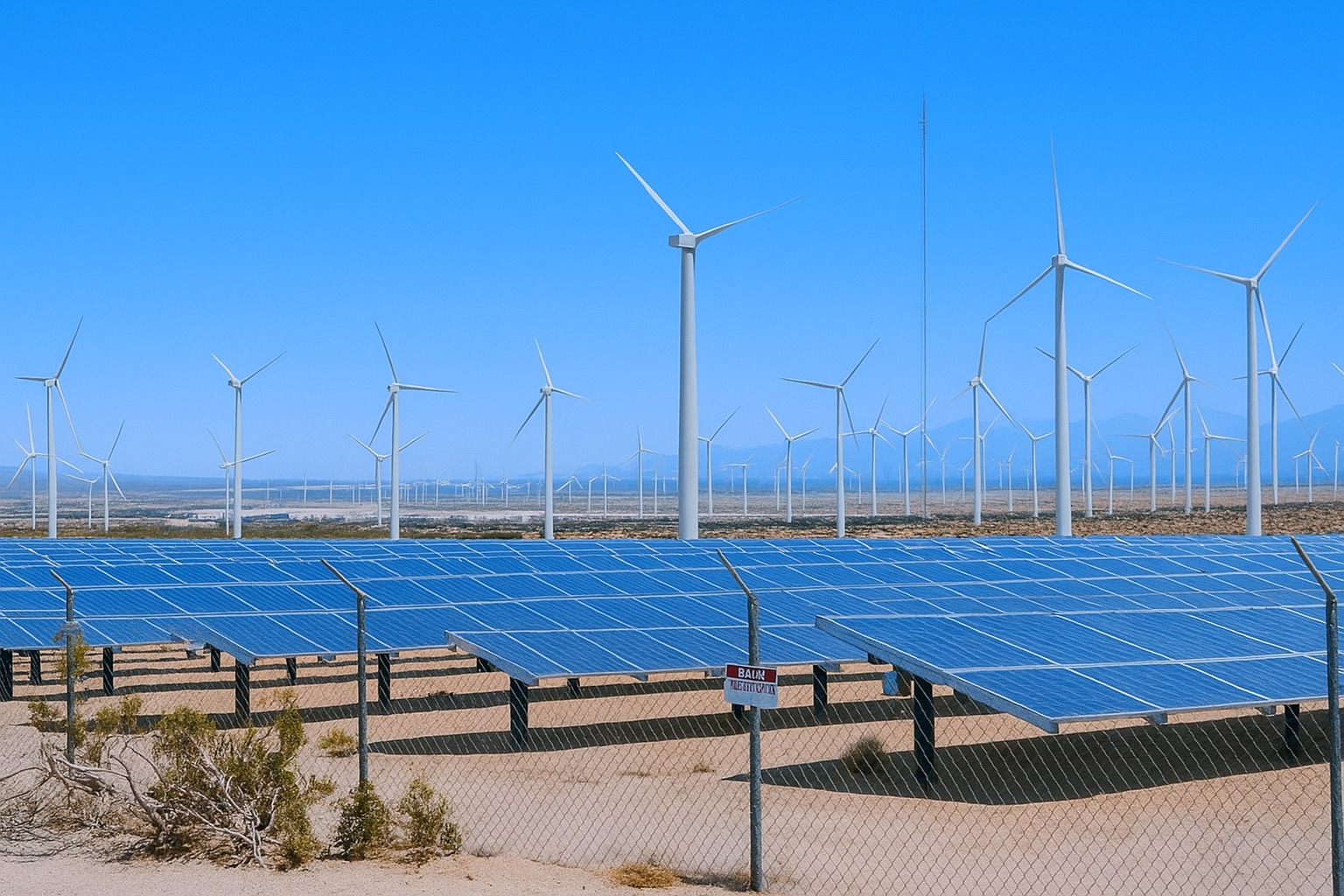 Painel solar e turbinas eólicas sob céu claro ao meio-dia em uma usina de energia renovável.