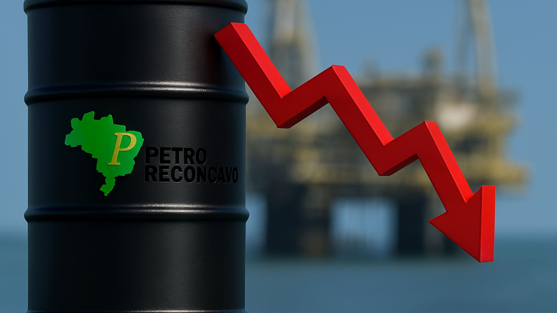 Barril de petróleo com logo da PetroReconcavo em primeiro plano, acompanhado de uma seta vermelha 3D apontando para baixo, com plataforma de petróleo desfocada ao fundo.