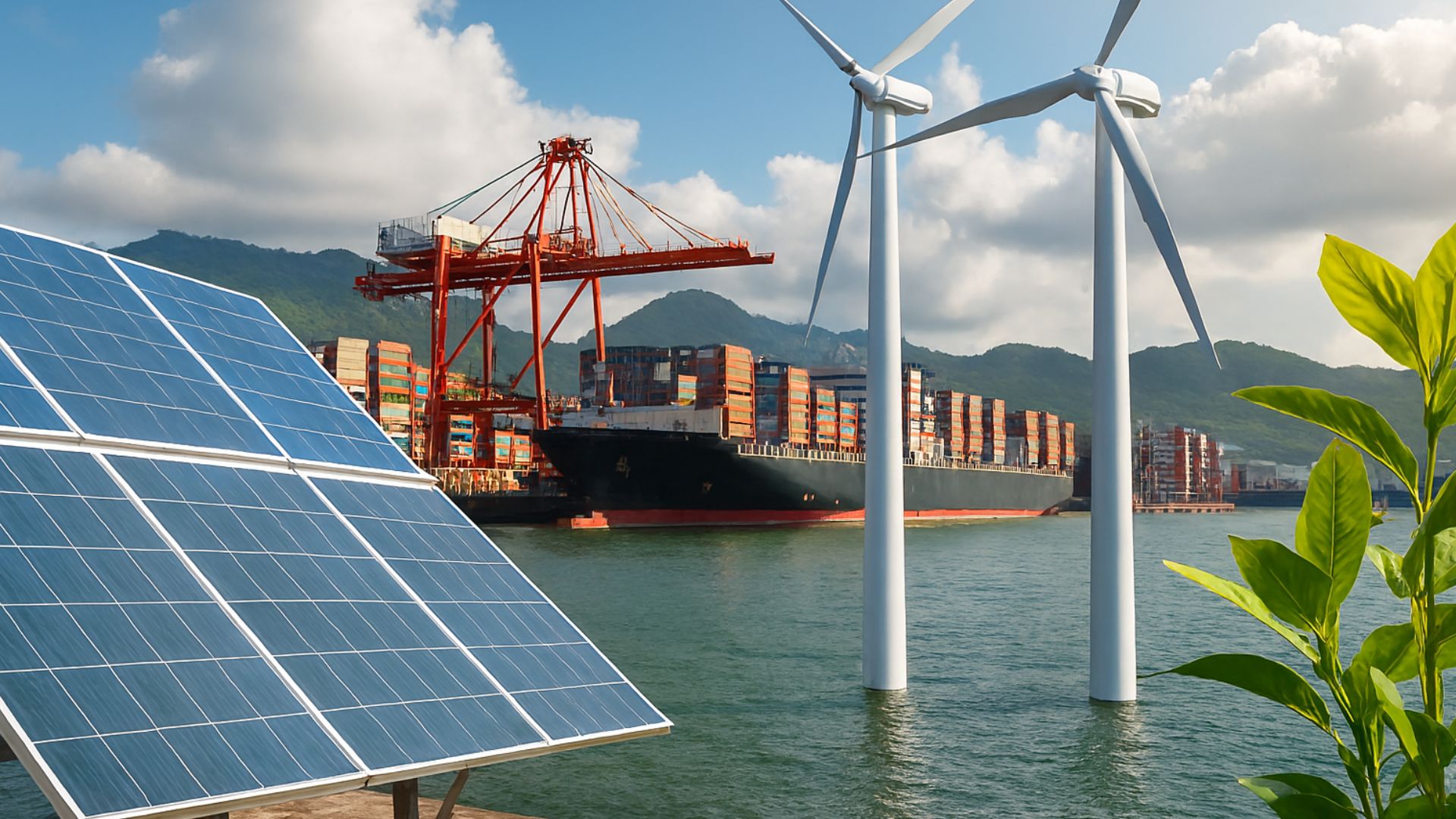 Vista panorâmica do Porto de Santos com painéis solares em primeiro plano, turbinas eólicas ao fundo, navio cargueiro atracado e guindastes operando entre contêineres coloridos, sob céu parcialmente nublado.