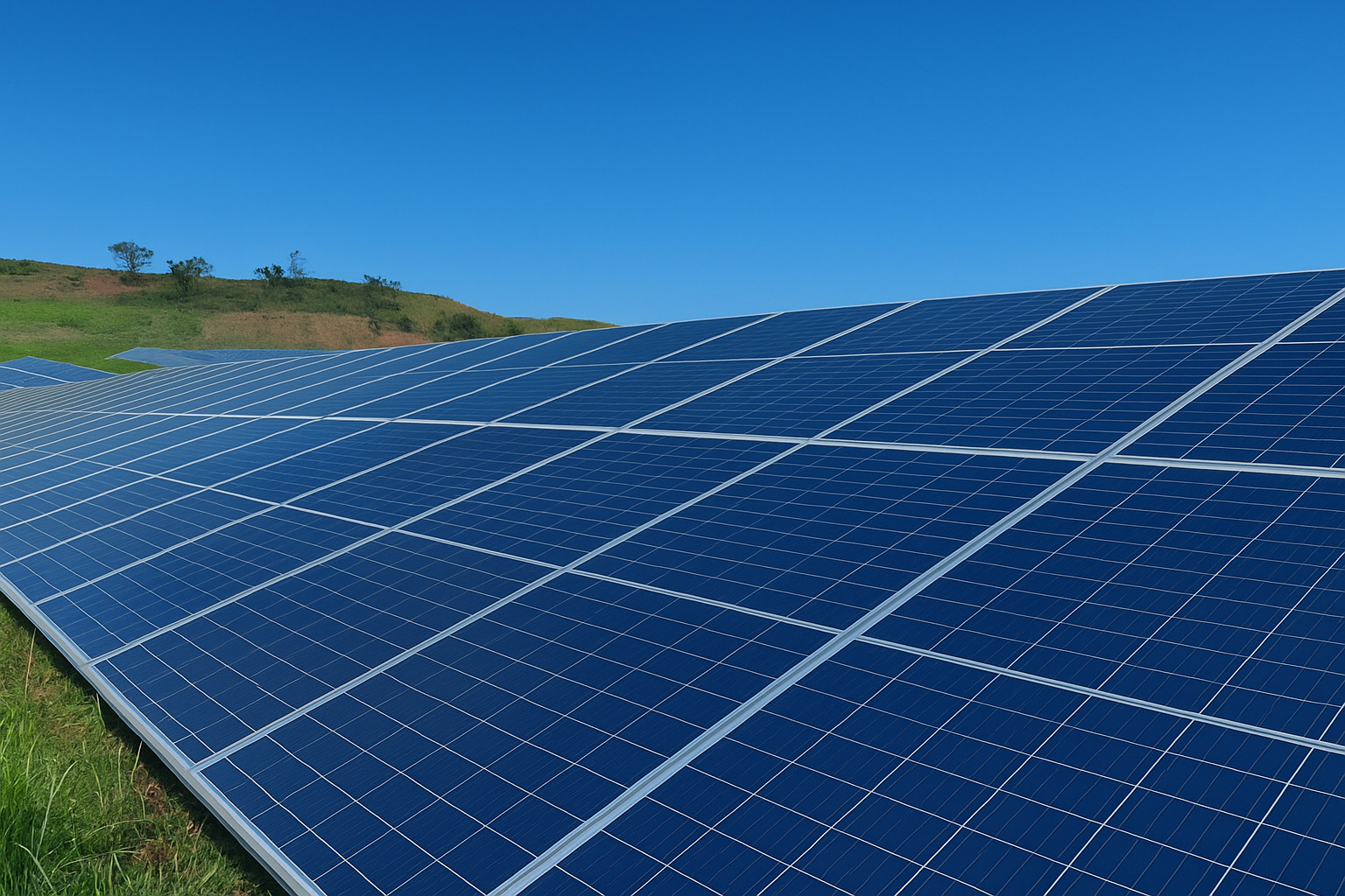 Painéis solares instalados em campo aberto sob céu azul limpo.