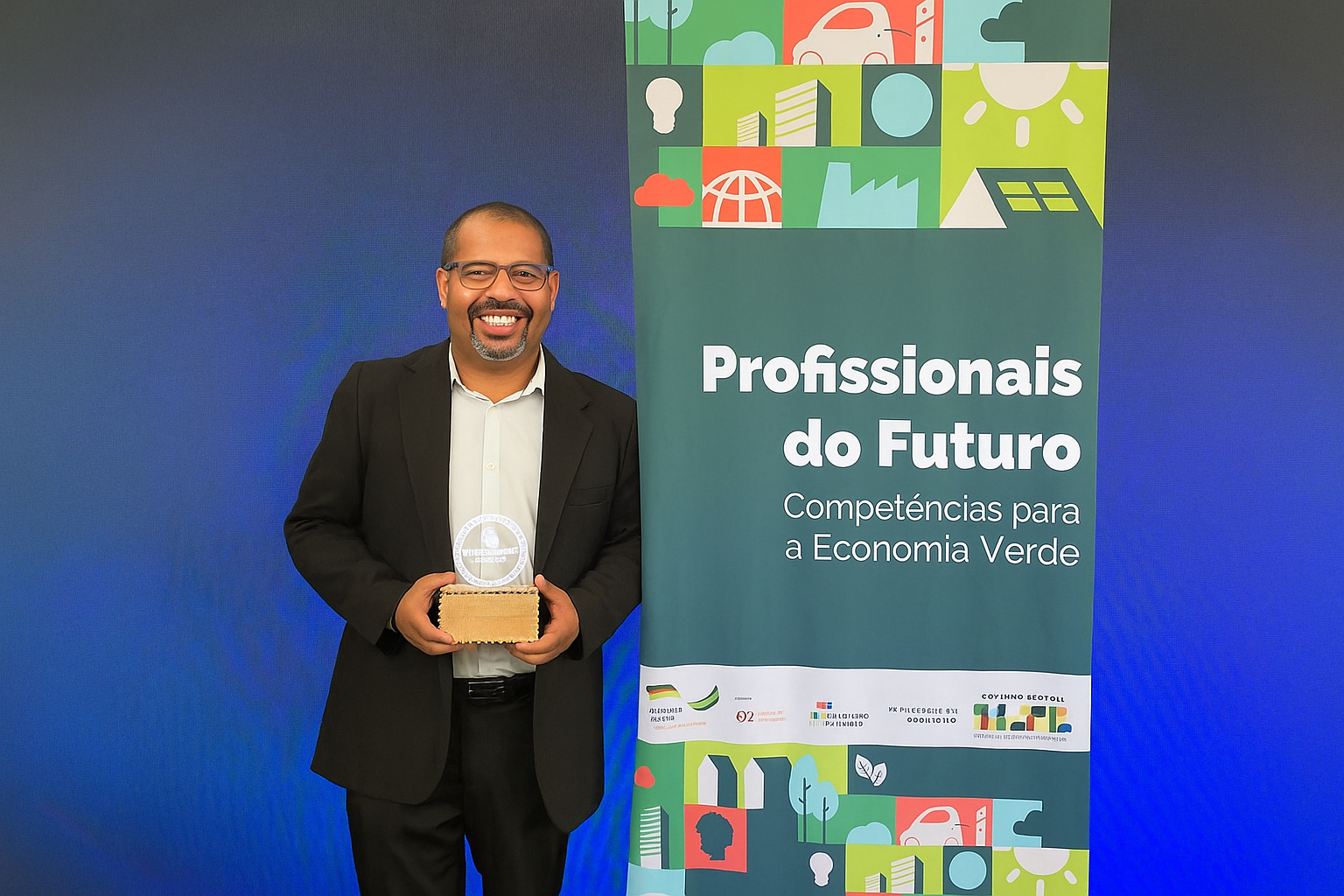 Homem sorridente segura um troféu em frente a um banner do programa “Profissionais do Futuro”.