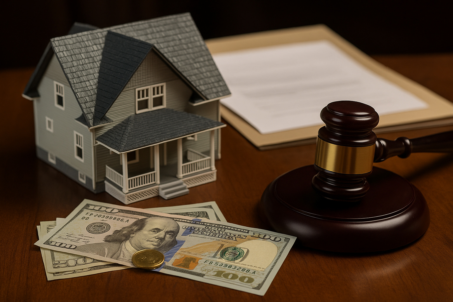 Mesa de madeira com maquete de casa, notas de dinheiro e martelo de juiz representando o imposto sobre herança no Brasil em 2025.