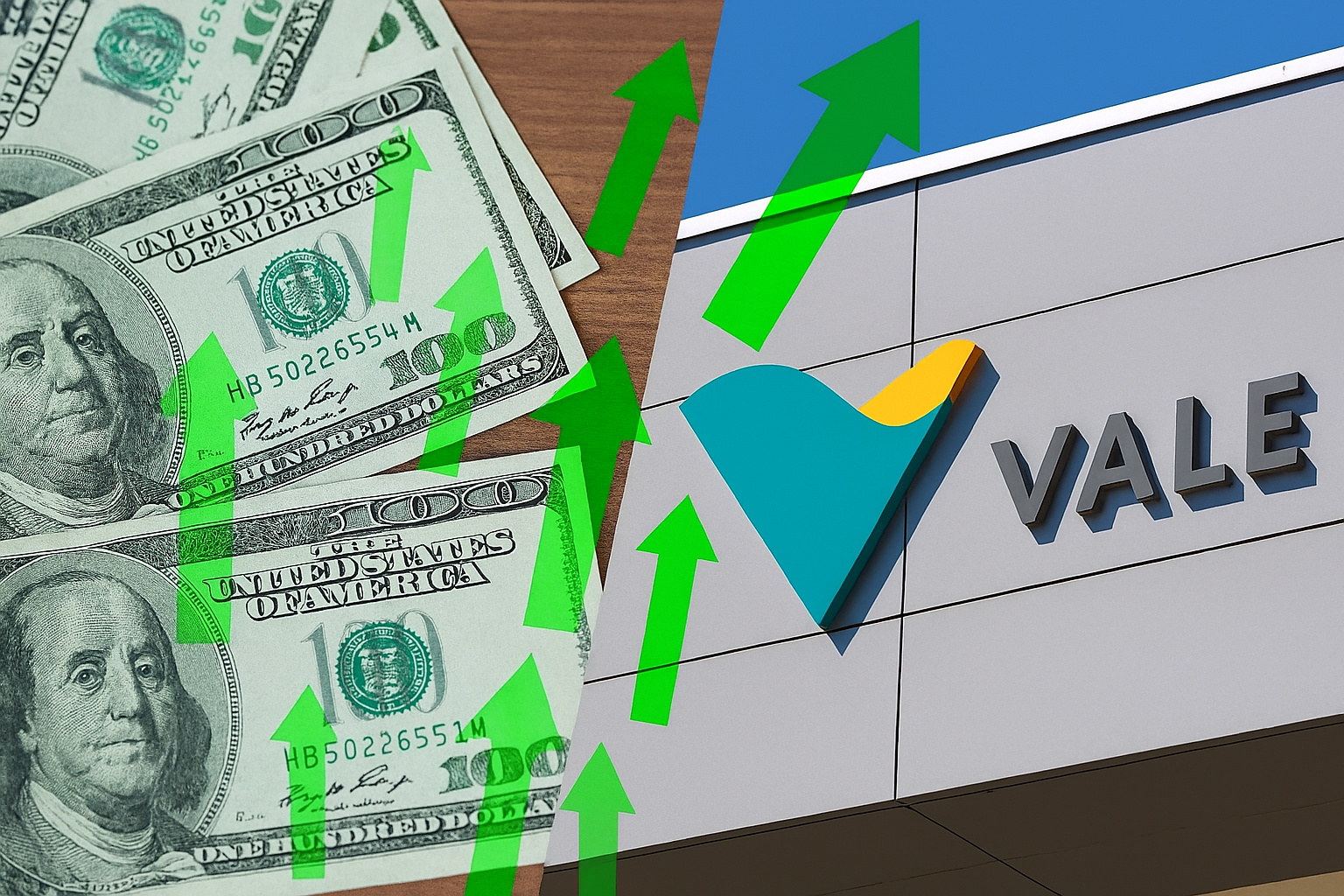 Notas de dólar e logotipo da Vale com setas verdes simbolizando valorização e recompra bilionária de títulos antigos.