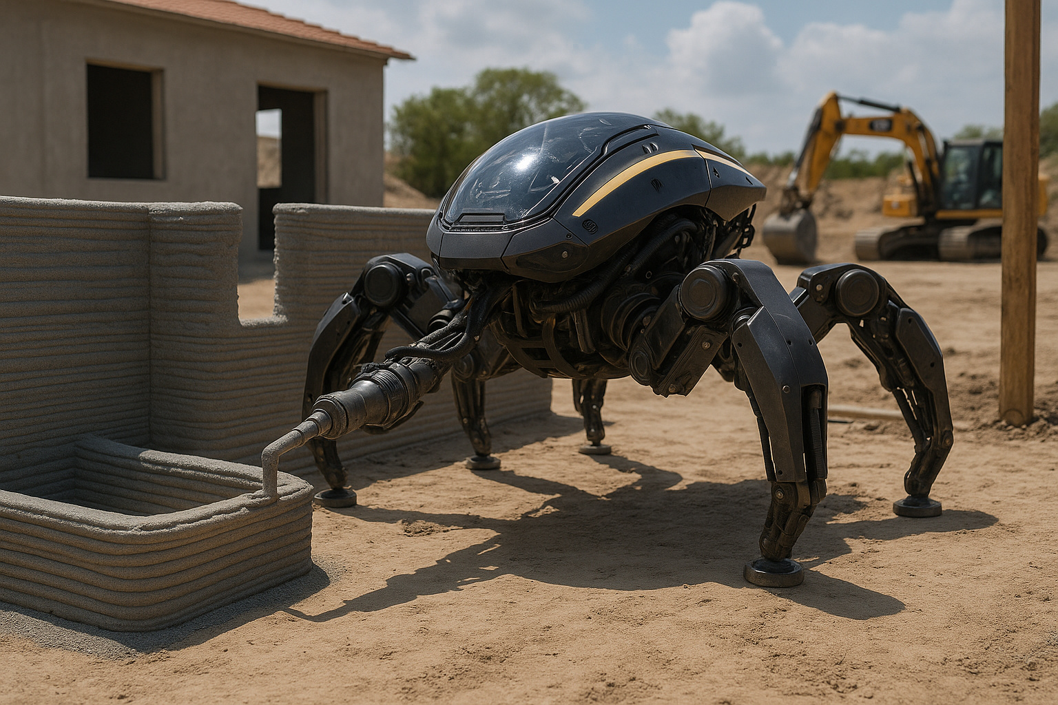 Robô Charlotte de seis patas imprime paredes de uma casa com tecnologia 3D sustentável em um canteiro de obras moderno.