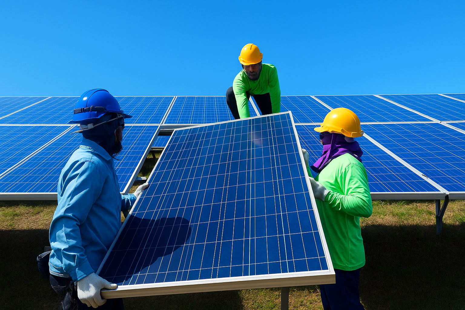 Instalação de painéis solares em telhado sob céu limpo ao meio-dia.