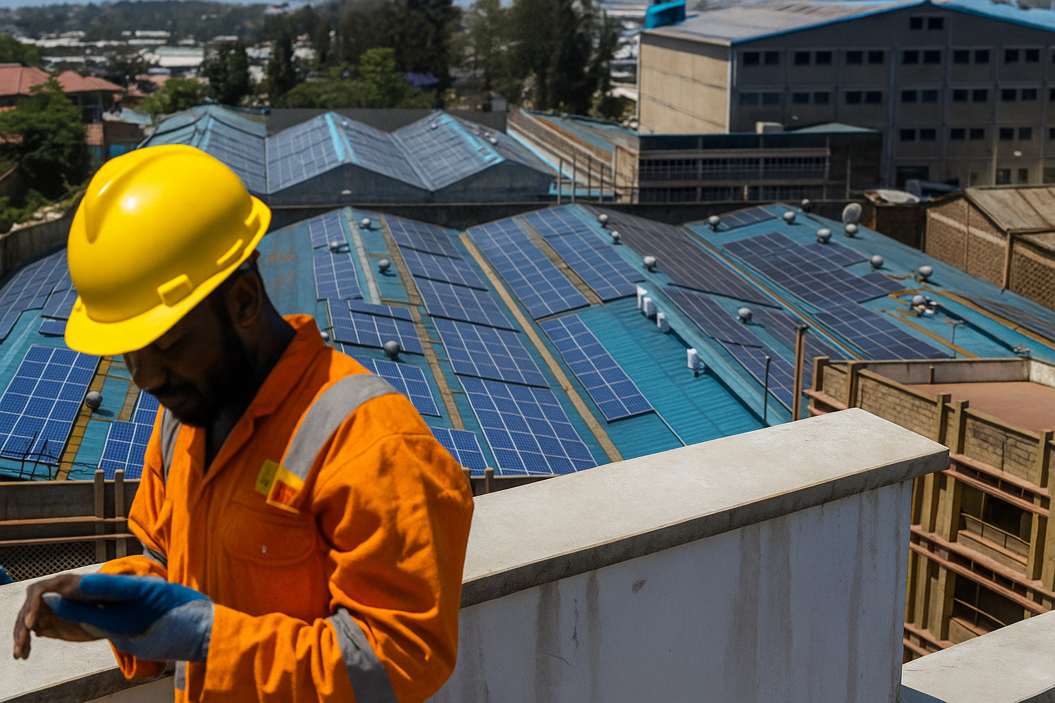 Trabalhador com capacete amarelo inspecionando usina solar em telhados industriais.
