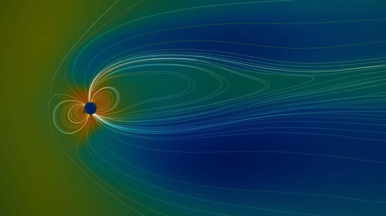 Visualização científica mostra a magnetosfera da Terra desviando partículas do vento solar, com linhas de campo magnético se estendendo para o espaço.