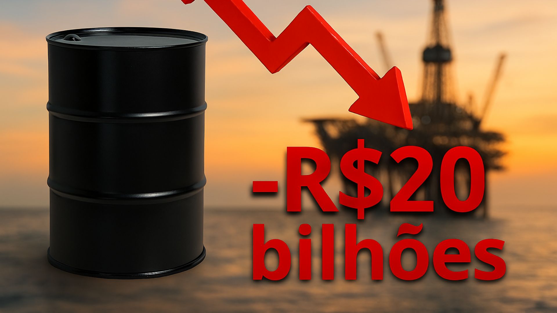 Barril de petróleo em destaque com plataforma ao fundo e seta vermelha apontando queda de R$20 bilhões.