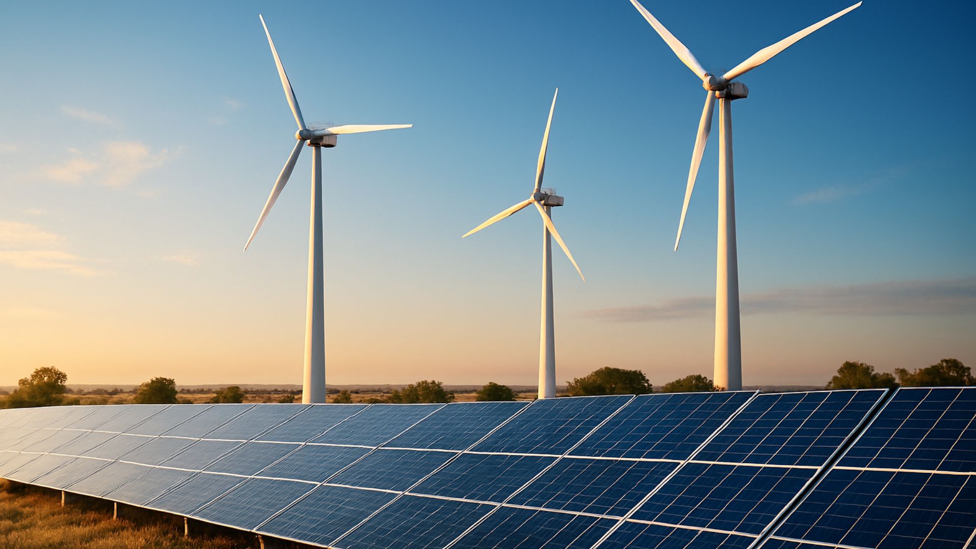 Parque de energia renovável com torres eólicas e painéis solares em campo aberto sob céu azul claro.