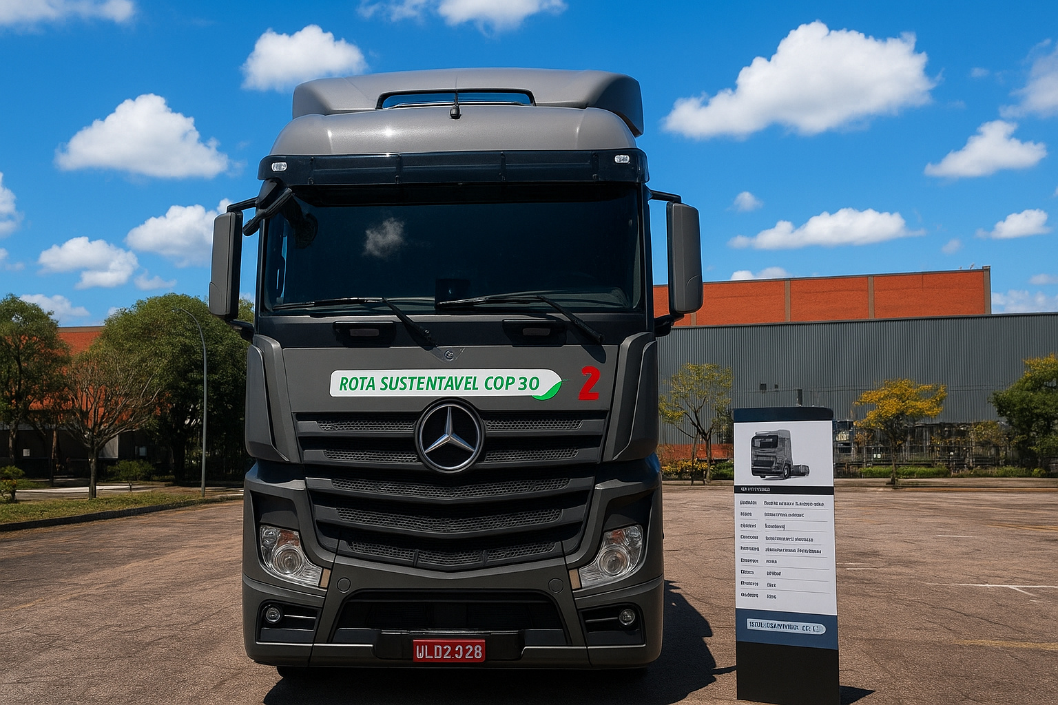 Caminhão Mercedes-Benz da Rota Sustentável COP 30 estacionado sob um céu azul com nuvens.
