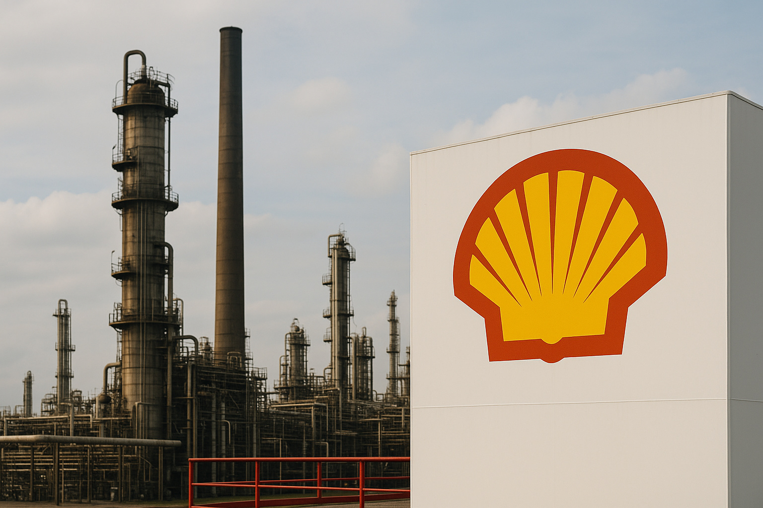 Refinaria da Shell em Roterdã com tanques industriais e chaminés sob céu nublad