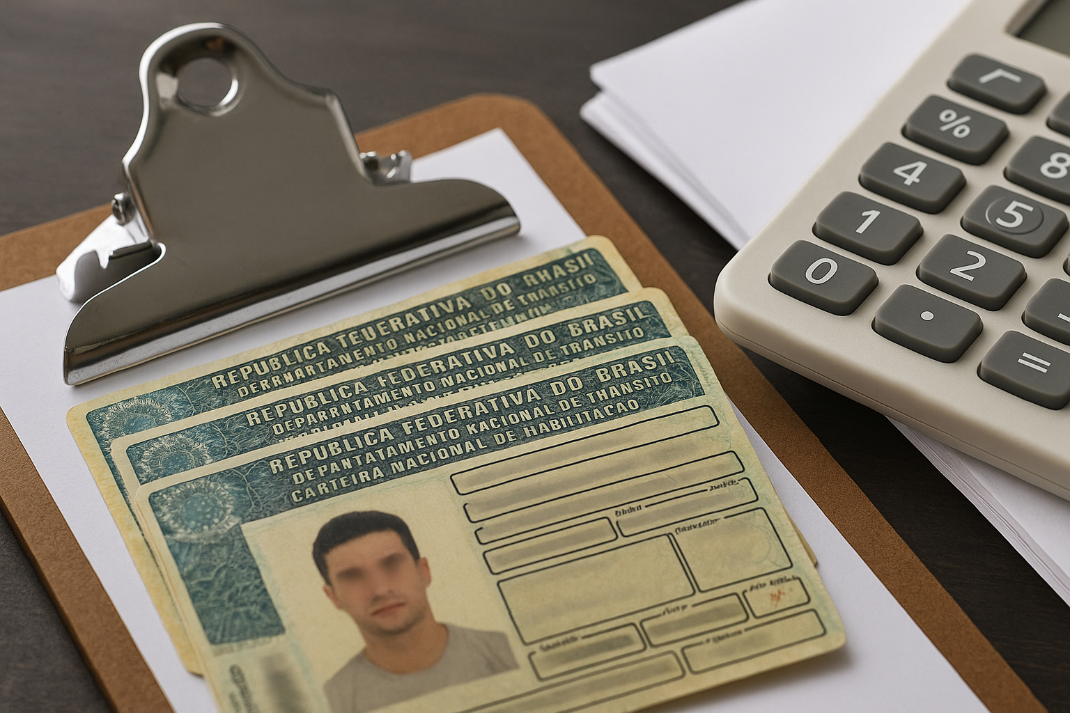 Carteiras de habilitação brasileiras sobre prancheta ao lado de calculadora, simbolizando o debate sobre aulas práticas obrigatórias na CNH