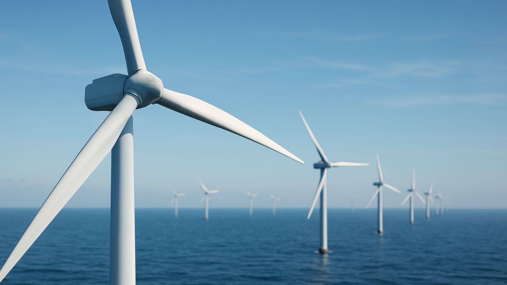 Turbina eólica offshore em destaque à esquerda com outras turbinas desfocadas ao fundo sobre o oceano calmo sob céu azul.
