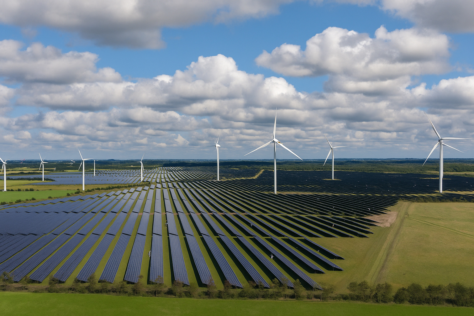 Parque de energia renovável com painéis solares e turbinas eólicas sob céu parcialmente nublado.