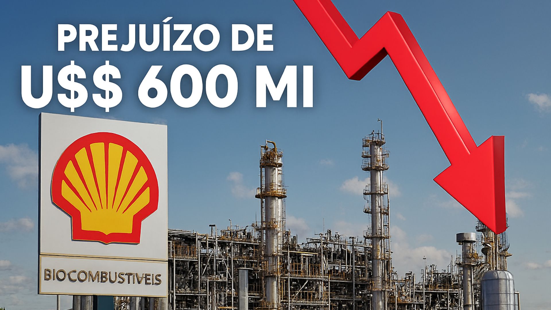 Imagem de uma usina de biocombustíveis da Shell com uma seta vermelha 3D apontando para baixo, simbolizando prejuízo financeiro. Ao fundo, céu azul e estruturas industriais; em primeiro plano, o logotipo da Shell e a frase “Prejuízo de US$ 600 mi”.