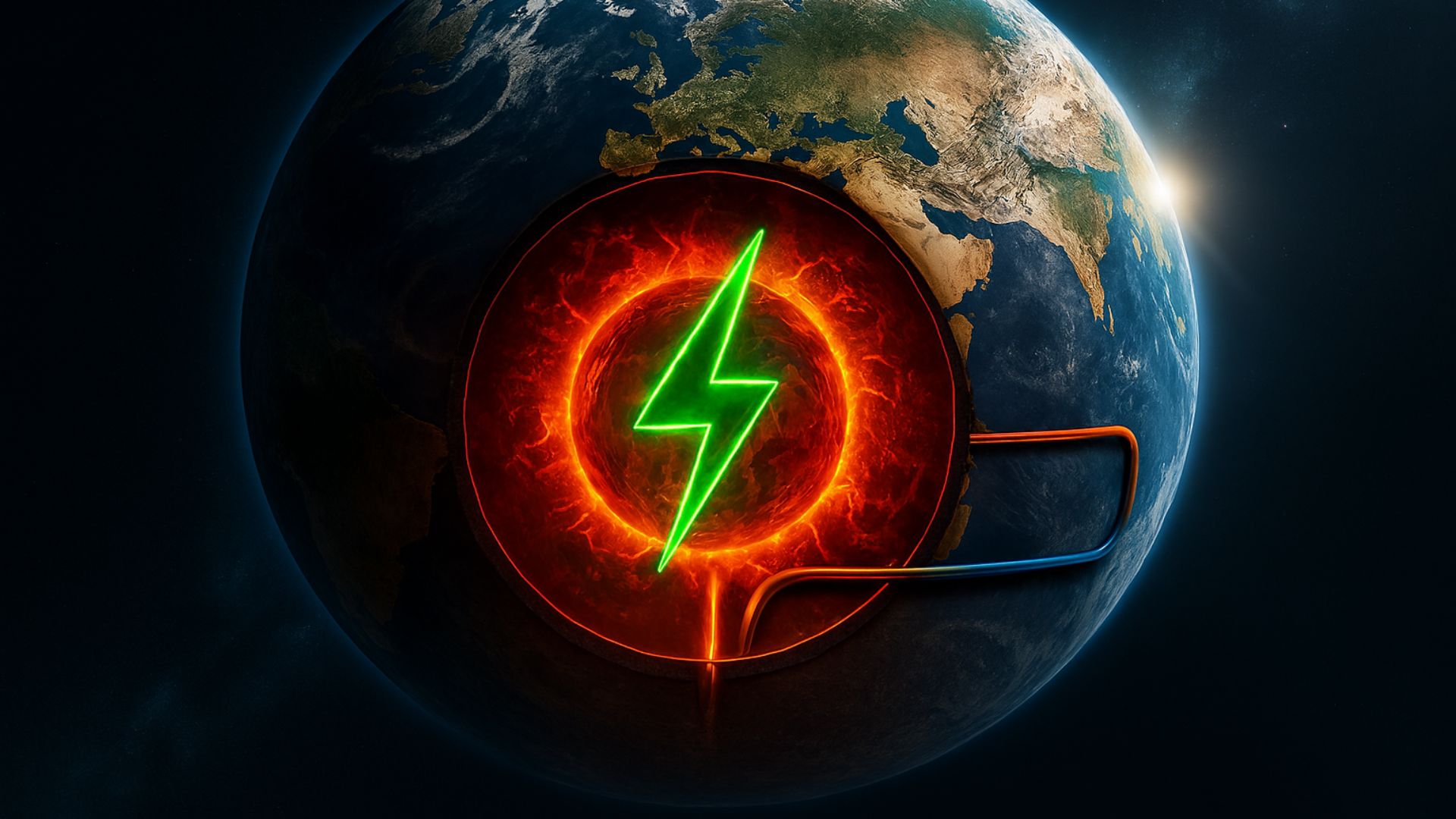 Imagem realista da Terra em corte transversal, revelando o núcleo vermelho incandescente com um símbolo de eletricidade verde sobreposto.
