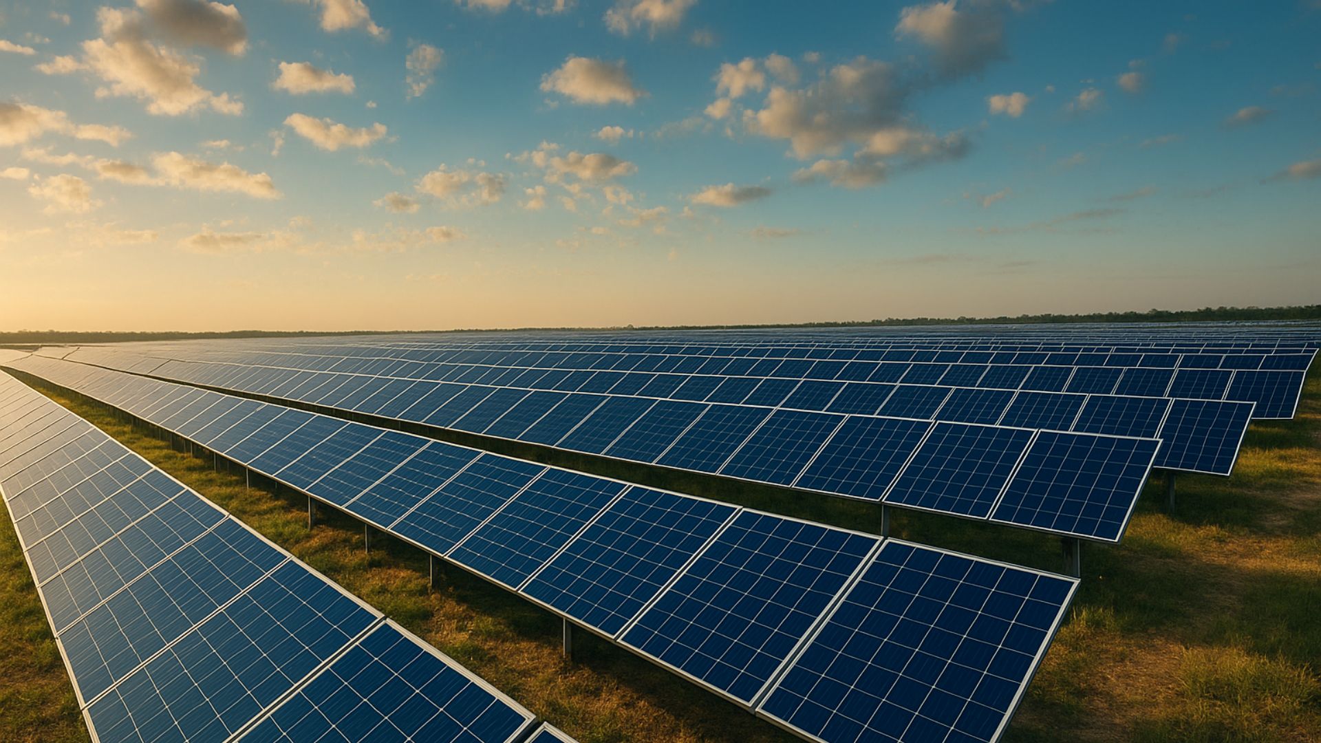 Painéis solares instalados em campo aberto, organizados em fileiras inclinadas para captar luz solar, com céu parcialmente nublado ao fundo.
