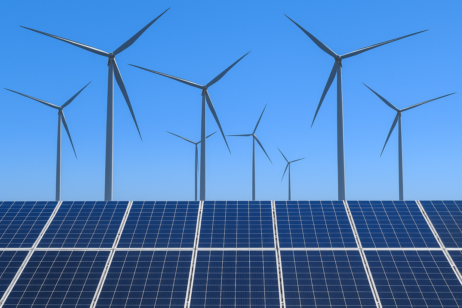 Painéis solares e turbinas eólicas sob o sol do meio-dia, representando energia limpa e renovável.