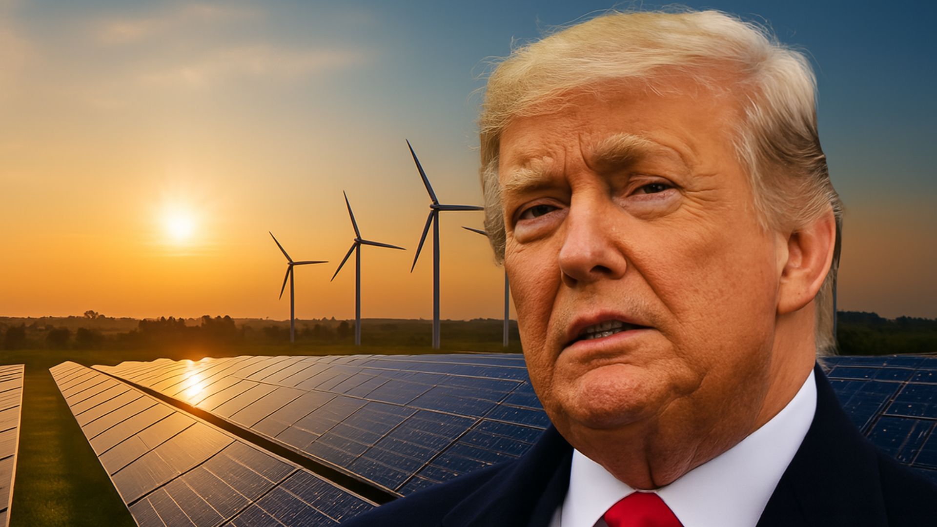 Donald Trump em frente a um campo de energia renovável com painéis solares e turbinas eólicas ao pôr do sol.
