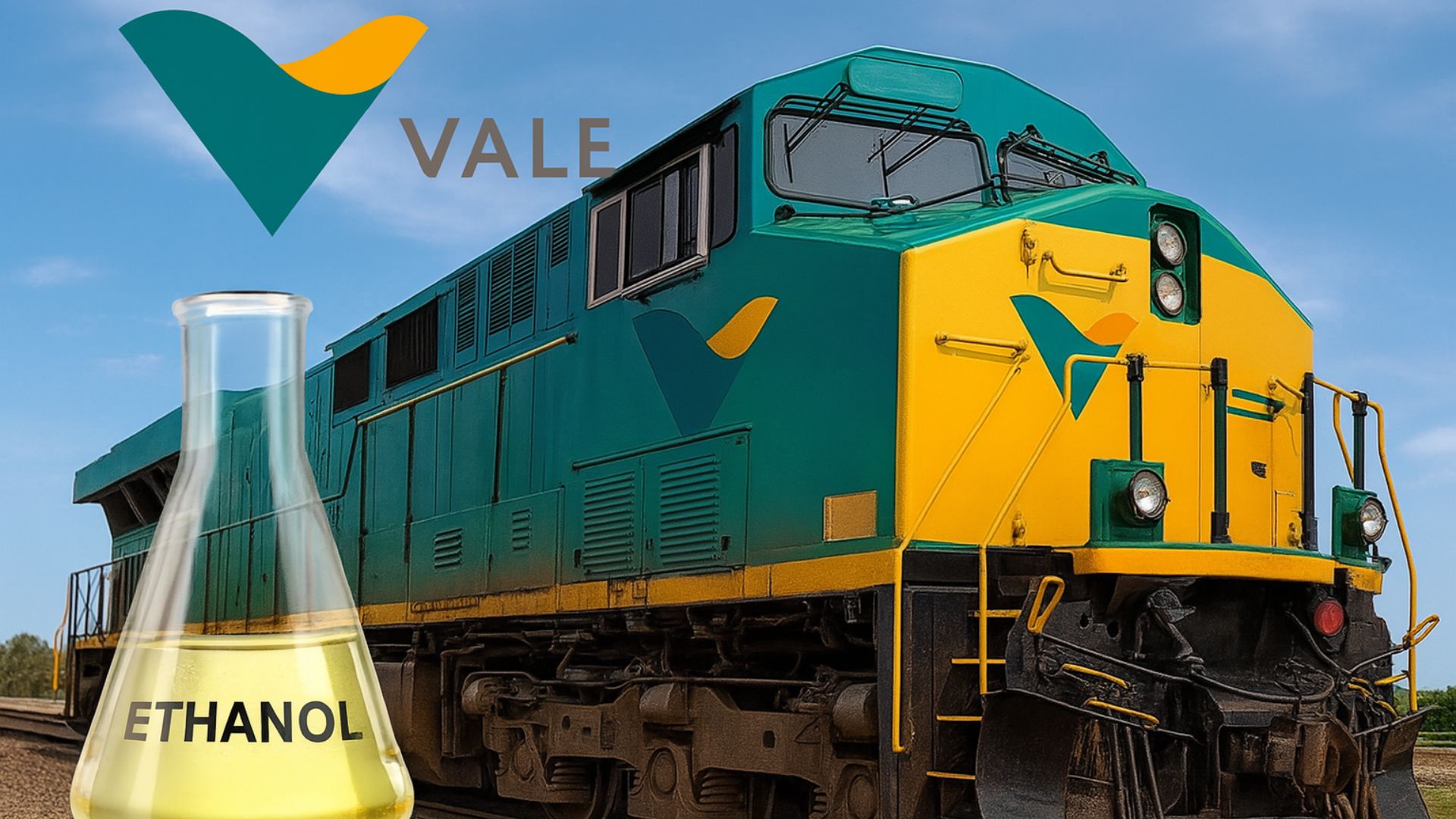 Locomotiva verde e amarela da Mineradora Vale em trilhos ferroviários, com frasco de etanol em primeiro plano e logotipo da Vale ao fundo contra céu azul.