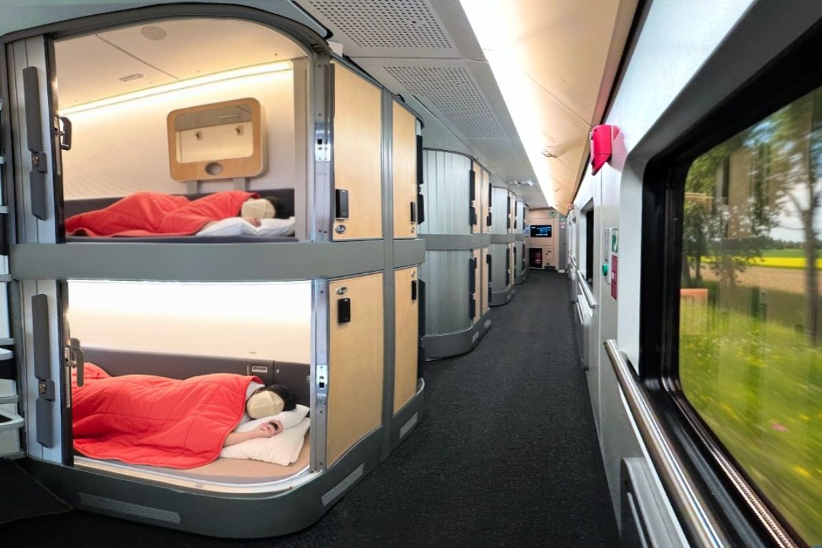 O novo trem cápsula faz a viagem de 26h entre Amsterdã, Munique e Roma com cabines individuais, conforto noturno e preço acessível.
